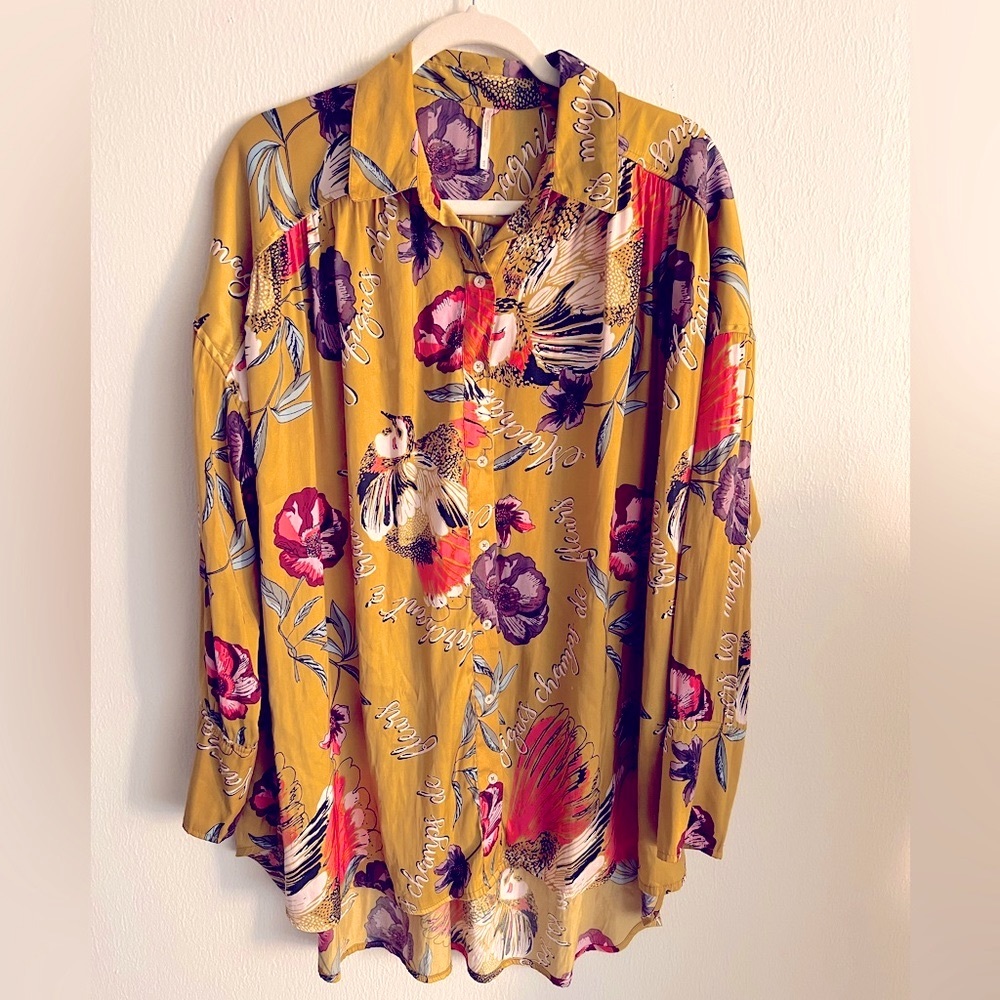 Free People oversized yellow floral satin blouse